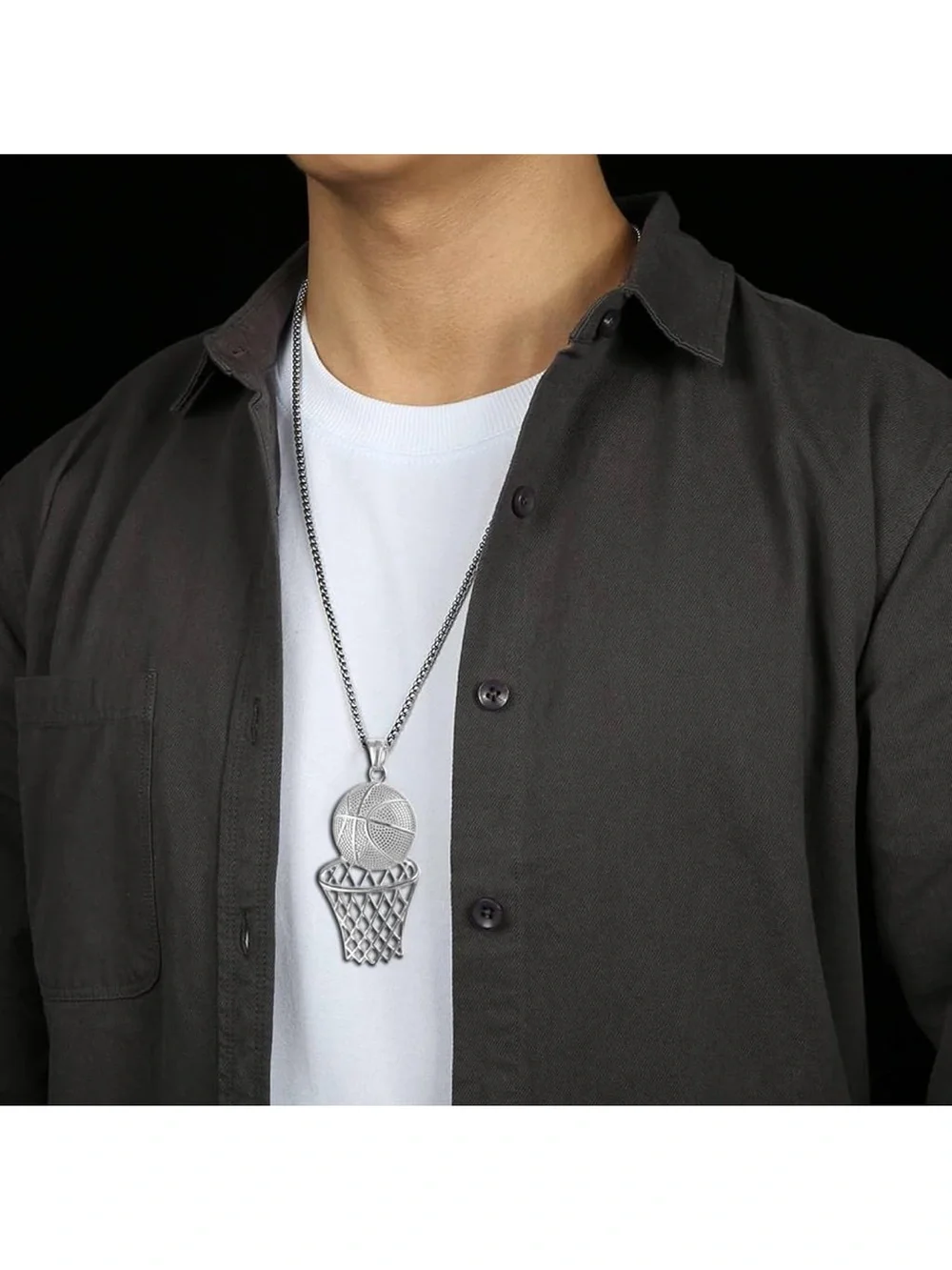 Silver Basketball Hoop Pendant Necklace - Sporty Silver Charm C51